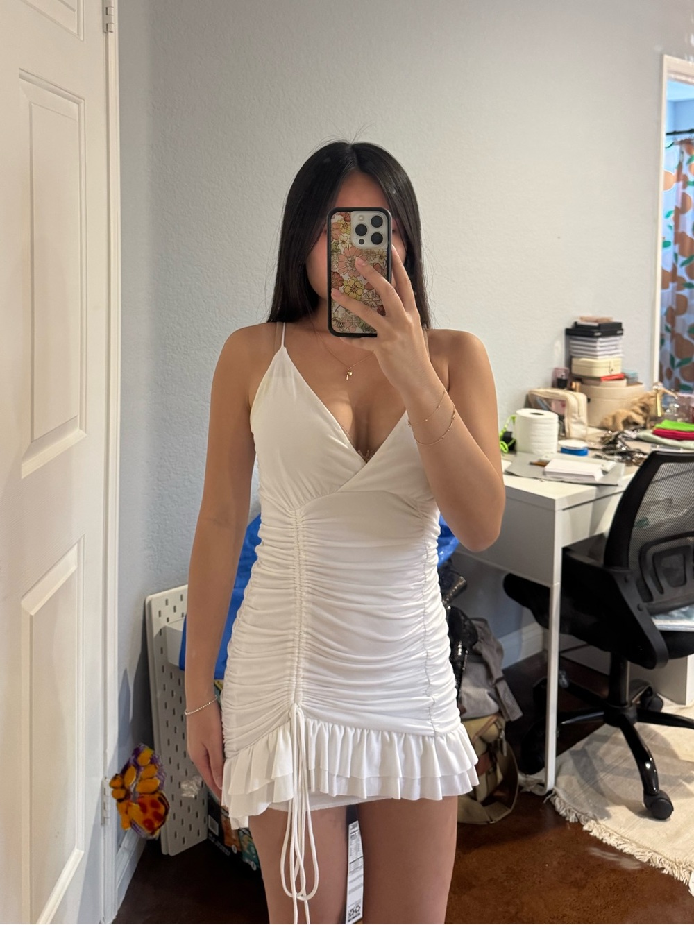 LUCY IN THE SKY White Ruched Ruffle Mini Dress - Picture 1 of 5
